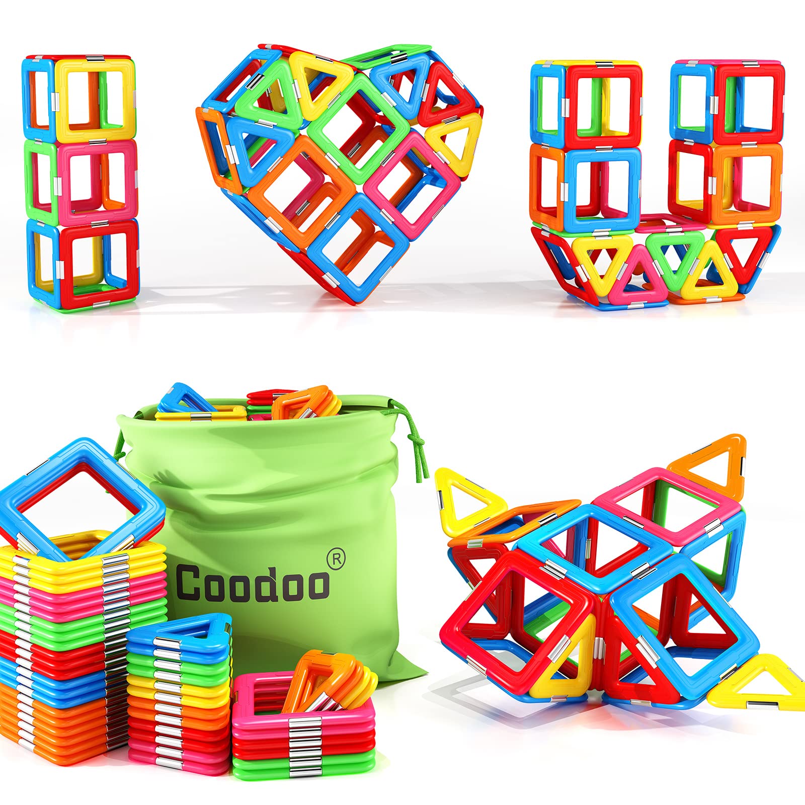 Coodoo Upgraded Magnetic Blocks Tough Tiles STEM Toys for 3+ Year Old Boys and Girls Learning by Playing Games for Toddlers Kids, Compatible with Major Brands Building Blocks - Starter Set