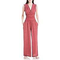 Max Studio Womens Fall 2023 Casual Ruffled V-neck Smocked Waist Chic Printed Everyday Wide Leg Jumpsuit