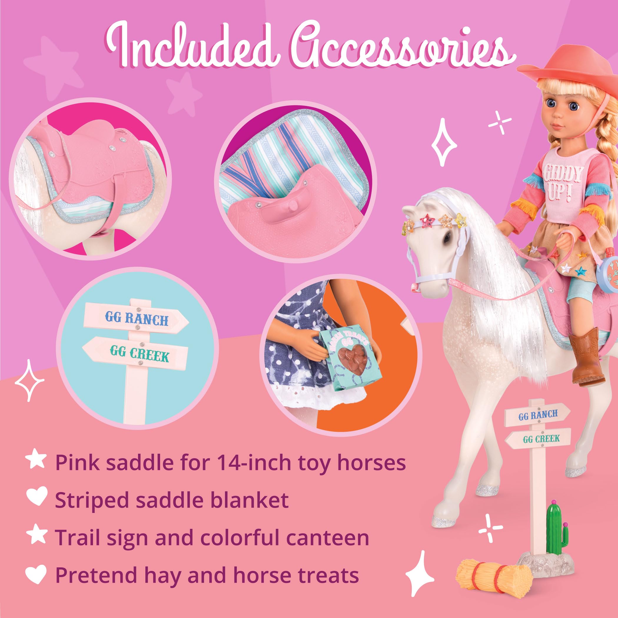 Glitter Girls – Equestrian Trail Set – Saddle, Blanket, Canteen – Trail Sign & Horse Treats – 14-inch Doll Accessories – GG Trail Horseback Riding Set – 3 Years +