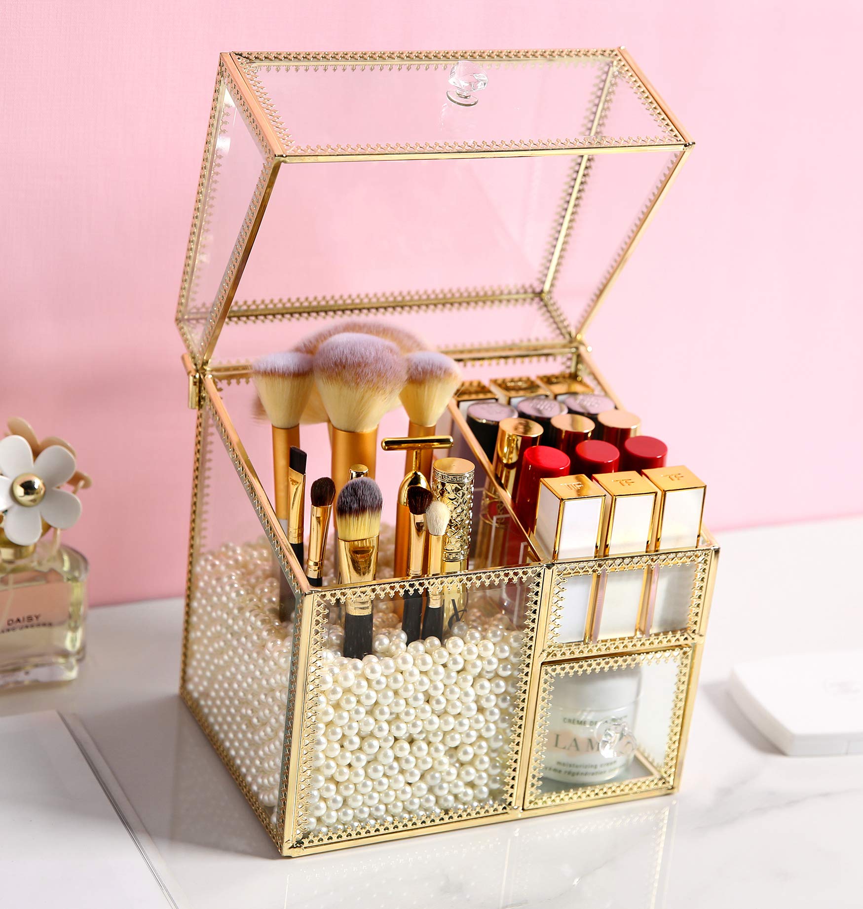 MOOCHI Golden Vintage Glass Cosmetic Multifunctional Makeup Organizer with Pearls Dustproof Cosmetics Storage Display Case For Brushes Lipsticks