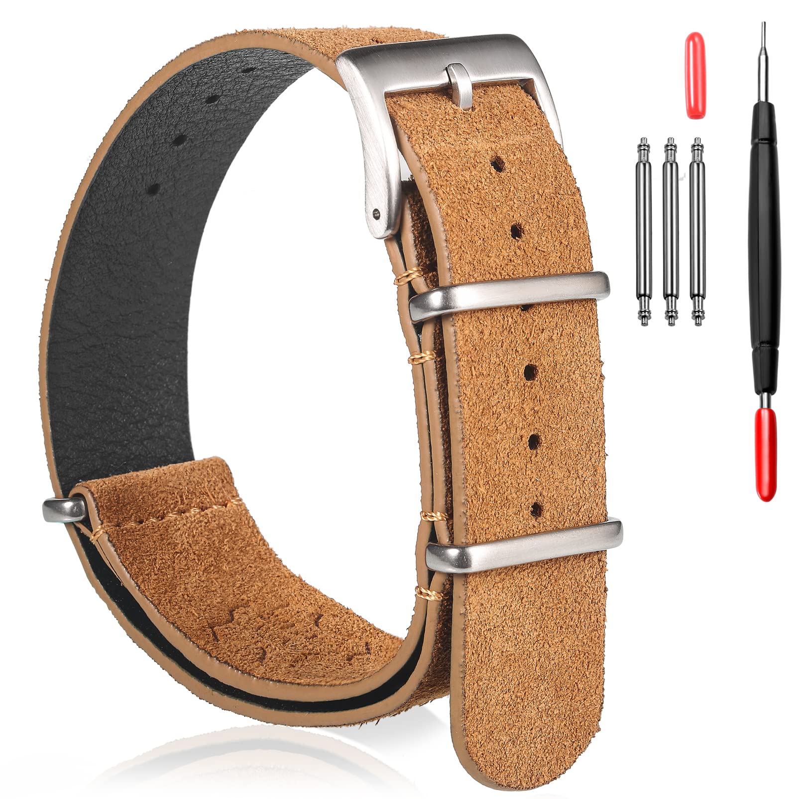 Suede Leather Watch Band, Zulu Style One-Piece Military Watch Strap Vintage Tone 18 20 22mm Replacement Wrap for Men Women