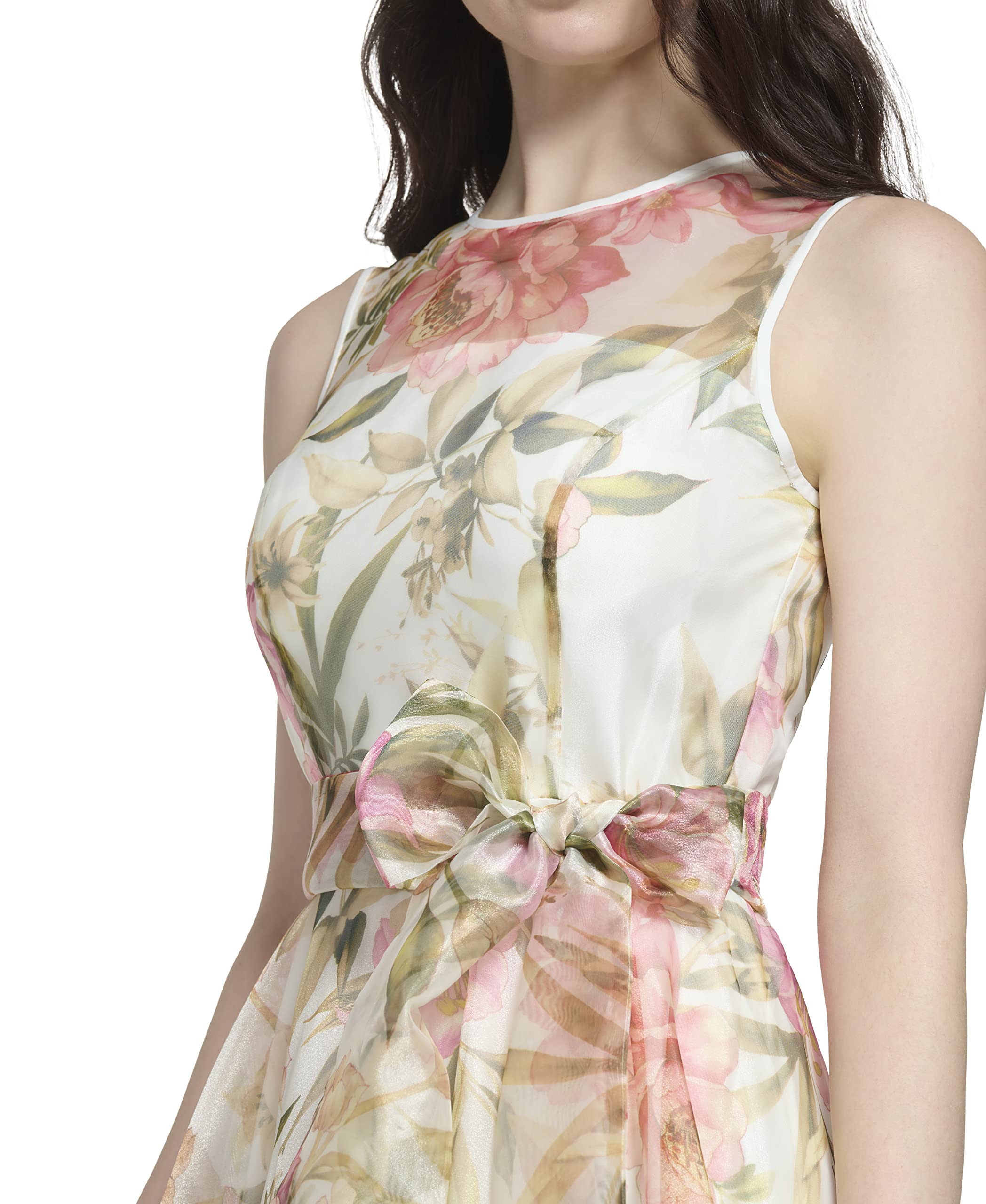Eliza J Women's Gown Style Floral Organza Sleeveless Jewel Neck Dress