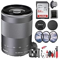 Canon EF-M 55-200mm f/4.5-6.3 is STM Lens (Silver) (1122C002) + 64GB Memory Card + Filter Kit + Backpack + Card Reader + Flex Tripod + Memory Wallet + Cap Keeper + Cleaning Kit + Hand Strap (Renewed)