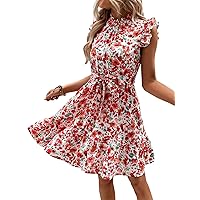 Verdusa Women's Cap Sleeve Floral Print Layered Ruffle Hem A Line Short Dress