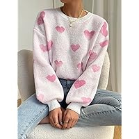 Heart Pattern Drop Shoulder Sweater (Color : Baby Pink, Size : Large)