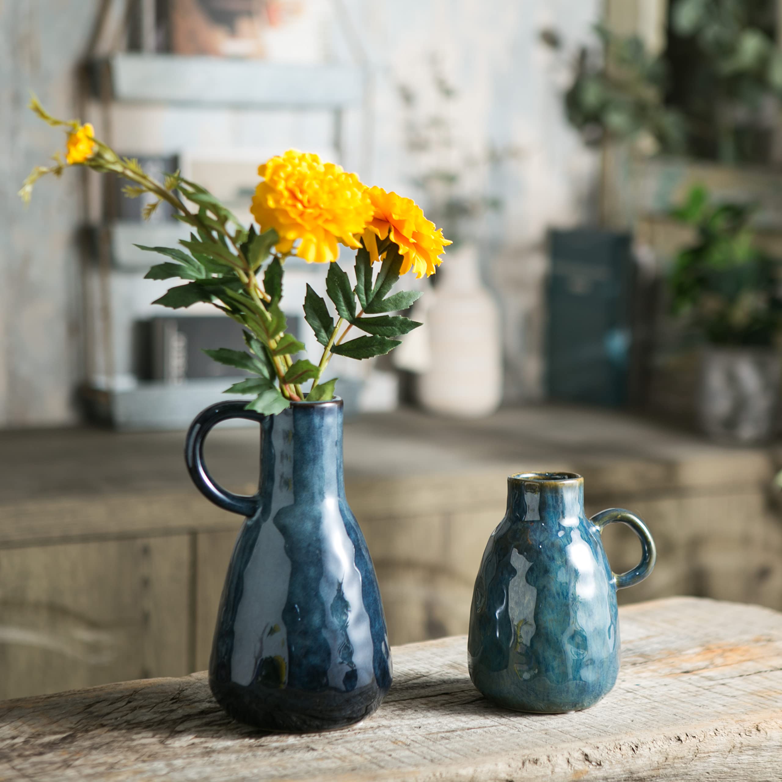 Tanvecle Ceramic Vase Set of 2, Blue Glazed Small Pottery Vases with Handles, Decorative Clay Vase Modern Farmhouse Decor, Centerpiece Dining Table Decorations Porcelain