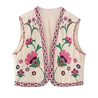Flygo Womens Vintage Floral Embroidered Vest Waistcoat Tops Boho 70s Vest Open Front Cotton Linen Vest Cardigan(Pink-L)
