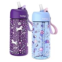 Bentgo® Kids Water Bottle 2-Pack - New, Improved 2023 Leak-Proof BPA-Free 15 oz Cups for Toddlers & Children - Flip-Up Safe-Sip Straw for School, Sports, Daycare, Camp (Unicorn/Lavender Galaxy)