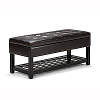 SIMPLIHOME Cosmopolitan 44 Inch Wide Rectangle Ottoman Bench with Open Bottom in Tanners Brown Faux Leather Tufted Footrest Stool, For Living Room, Bedroom, Traditional