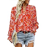 HOTOUCH Womens Long Sleeve Tops Boho Floral Printed Blouses Casual V Neck Pleated Drawstring Peasant Shirts