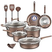 Pots and Pans Set – 14 Piece – Non-Stick Professional Home Kitchenware – Cooking Pots with Lids – Skillet Fry Pans – Suitable for Gas, Electric, Ceramic and Induction Counter Cooktops - Golden