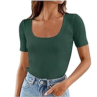 Women's Ribbed Short Sleeve Tops Summer Square Neck Slim Fitted Casual Tee Tops 2024 Solid Color Sexy Undershirts
