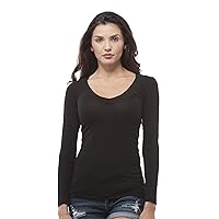 Women's Hollywood Star Fashion Long Sleeve Deep V Neck Shirt (Large, Black)