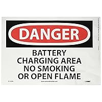 D133PB DANGER - BATTERY CHARGING AREA NO SMOKING OR OPEN FLAMES Sign - 14 in. x 10 in., Red/Black Text on White, PS Vinyl Danger Sign