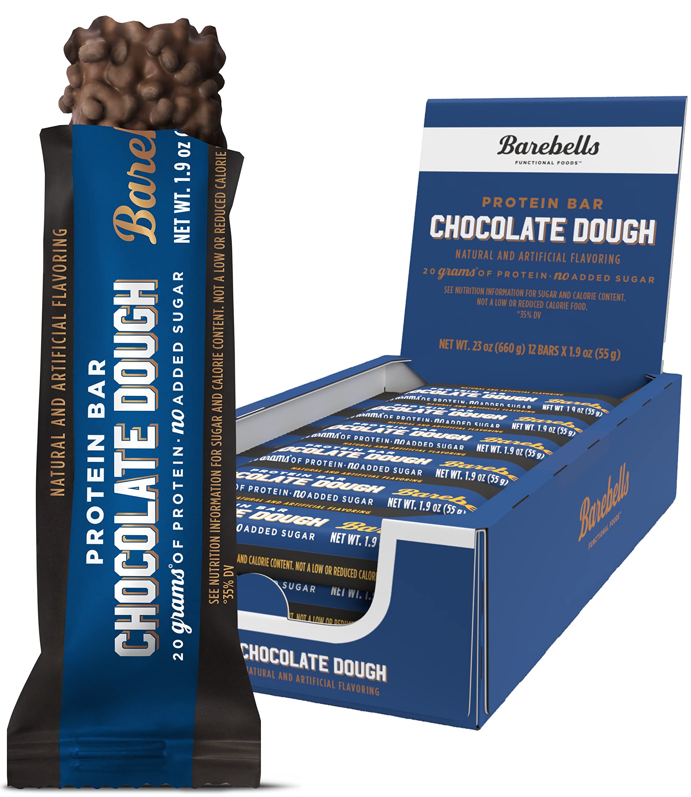 Barebells Protein Bars Chocolate Dough - 12 Count, 1.9oz Bars - Protein Snacks with 20g of High Protein - Chocolate Protein Bar with 1g of Total Sugars - On The Go Protein Snack & Breakfast Bars