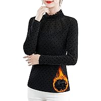Women's Thermal Velvet Lined Mesh Tops Long Sleeve Casual Stretchy See Through Polka Dot Blouses Work Chiffon Shirts