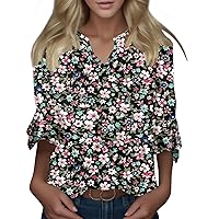 Workout Tops for Women Loose Fit Plus Size Women's New Retro Pullover V Neck Floral Print Casual 7 Petal Sleev
