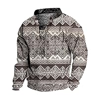 Mens Henley Long Sleeve Western Aztec Tribal Sweatshirt Retro Graphic T Shirt Button V Neck Pullover Sweatshirts