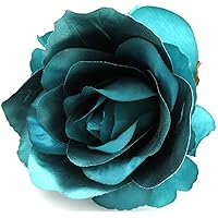 4 1/2 inch Shiny Teal Blue Rose Poly Silk Flower Hair Clip