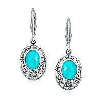 Boho Native American Style Marquise Shaped Gemstone Stabilized Blue Turquoise Coral Leaf Feather Dangling Earrings Western Jewelry For Women Teens Lever Back Oxidized .925 Sterling Silver