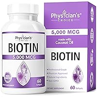 Biotin 5000 MCG - with 100% Organic Coconut Oil - Biotin Supplement to Support for Hair Growth, Nail & Skin Health - Non-GMO & Vegan Hair, Skin, and Nail Vitamins - 60 Capsules