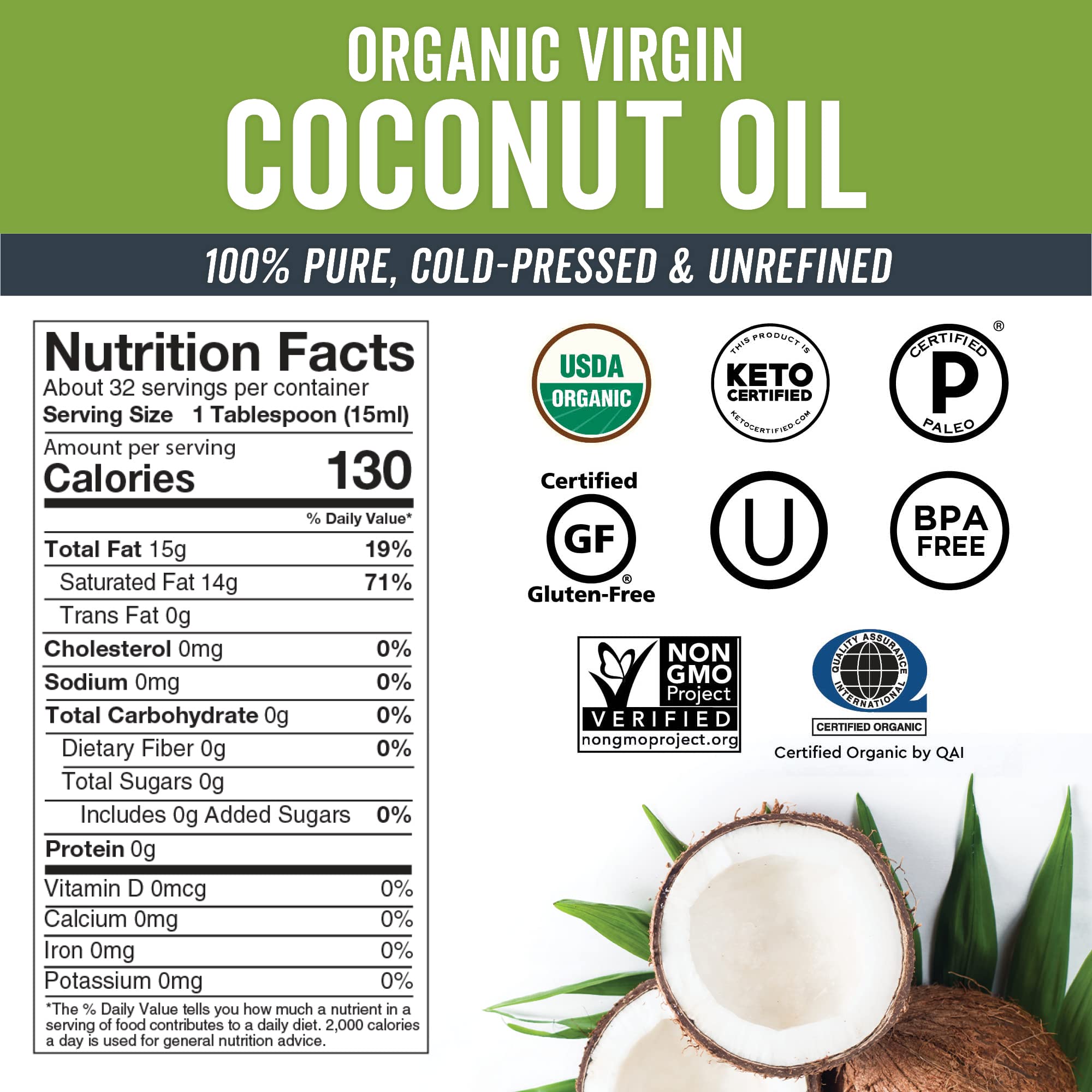 Viva Naturals Organic Extra Virgin Coconut Oil, 32 Oz & Organic Virgin Coconut Oil 16 ounces / 473 millilitres