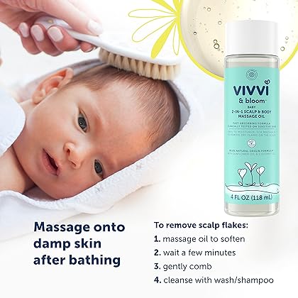 VIVVI & BLOOM Gentle 2-in-1 Baby Scalp & Body Massage Oil, Fast Absorbing Formula Ideal to Moisturize, for Massage to Remove Dry Flakes on Scalp, Hypoallergenic, 4 fl. Oz