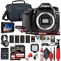 Canon EOS 80D DSLR Camera (Body Only) (1263C004) + 4K Monitor + Pro Mic + Pro Headphones + 2 x 64GB Memory Card + Case + Corel Photo Software + 3 x LPE6 Battery + More (Renewed)