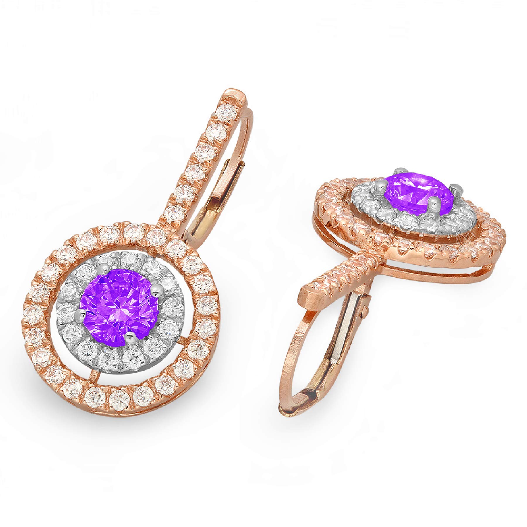 Clara Pucci 2.5 ct Brilliant Round Cut Double Halo Solitaire Genuine Flawless Natural Purple Amethyst Gemstone Pair of Lever back Drop Dangle Earrings Solid 18K 2 tone Gold