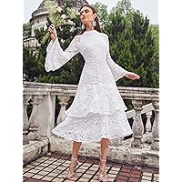 Women's Dresses Casual Wedding Bell Sleeve Layered Ruffle Hem Guipure Lace Dress Wedding Guest (Color : White, Size : Large)