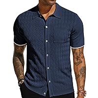 Mens Polo Shirt Short Sleeve Casual Knit Textured Button Down Polo Shirts with Pocket