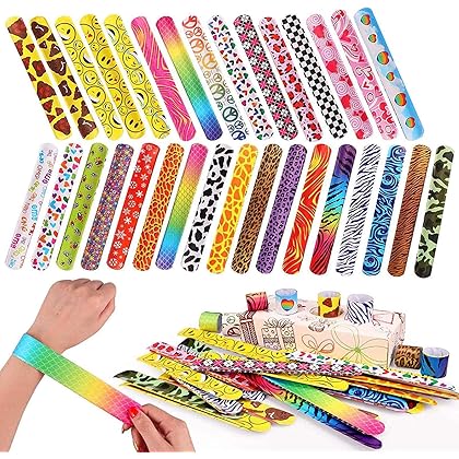 100 PCS Slap Bracelets Party Favors with Colorful Hearts Animal Print Design Retro Slap Bands for Kids Adults Birthday Classroom Gifts (100PCS)