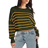 MEROKEETY Women's Long Sleeve Crew Neck Striped Crop Sweater Ribbed Knit Pullover Jumper Tops