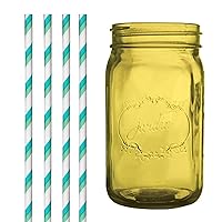 Dress My Cupcake Amber Yellow Vintage Jardin Mason Jar with Aqua and Green Striped Straws, 32-Ounce