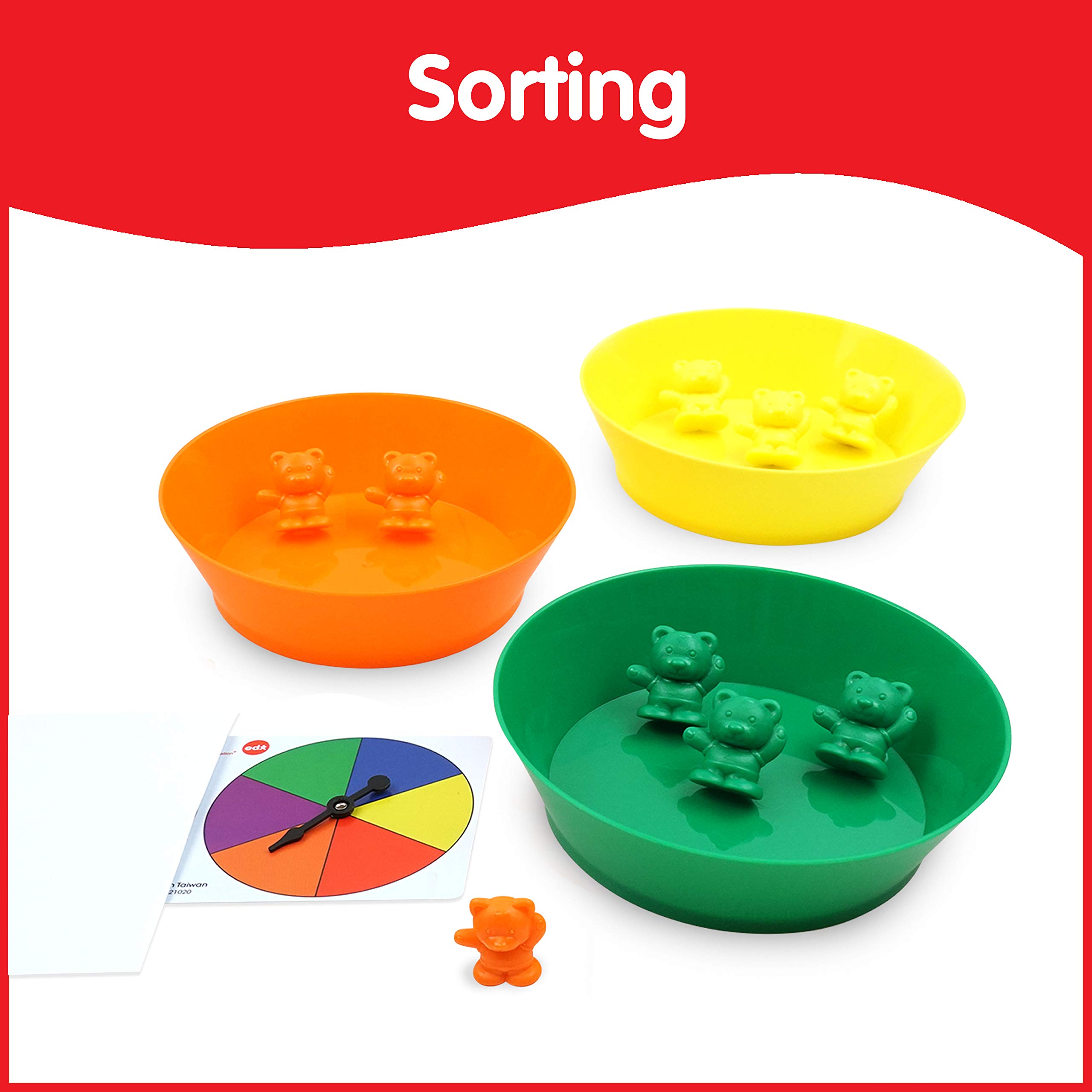 edxeducation Counting Bears with Matching Bowls - Early Math Manipulatives - 68pc Set - 60 Bear Counters, 6 Bowls & 2 Game Spinners - Home Learning