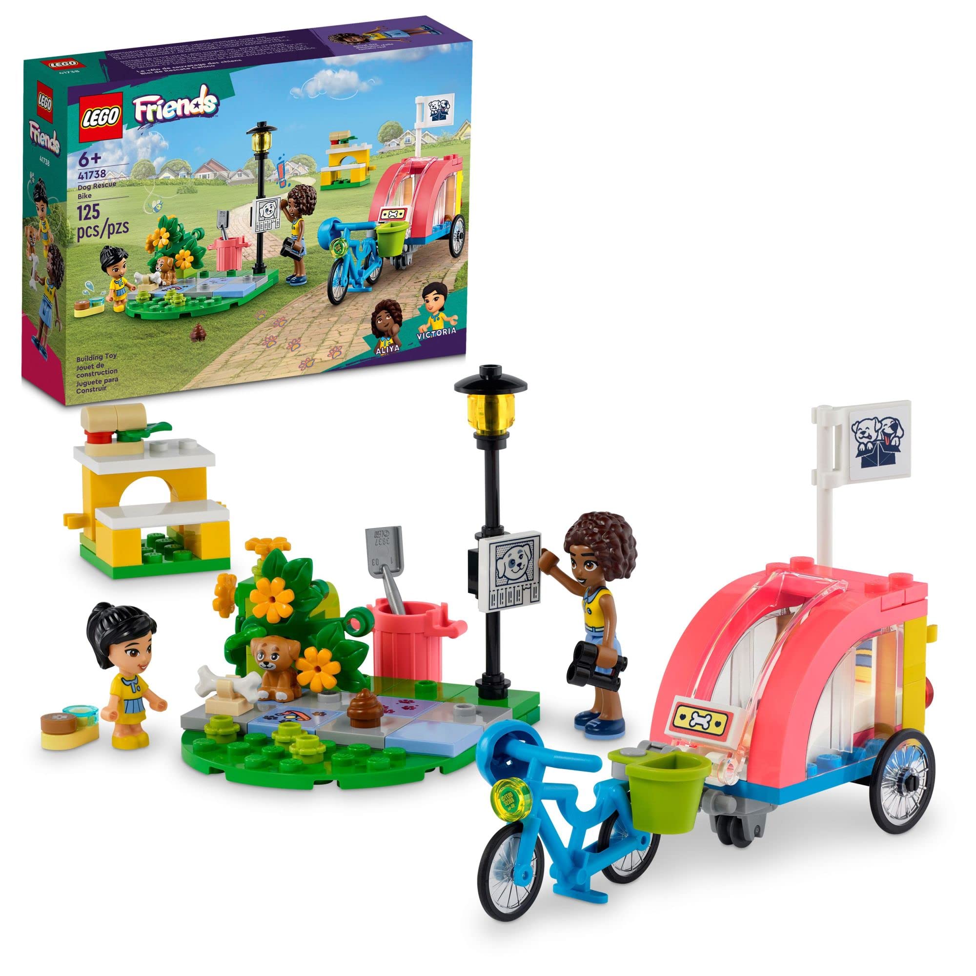 LEGO Friends Dog Rescue Bike Building Set 41738, Pretend Play Animal Playset for Pet-Loving Kids, Girls and Boys Ages 6+ Years Old with Puppy Pet Figure and 2 Mini-Dolls, 2023 Series Characters