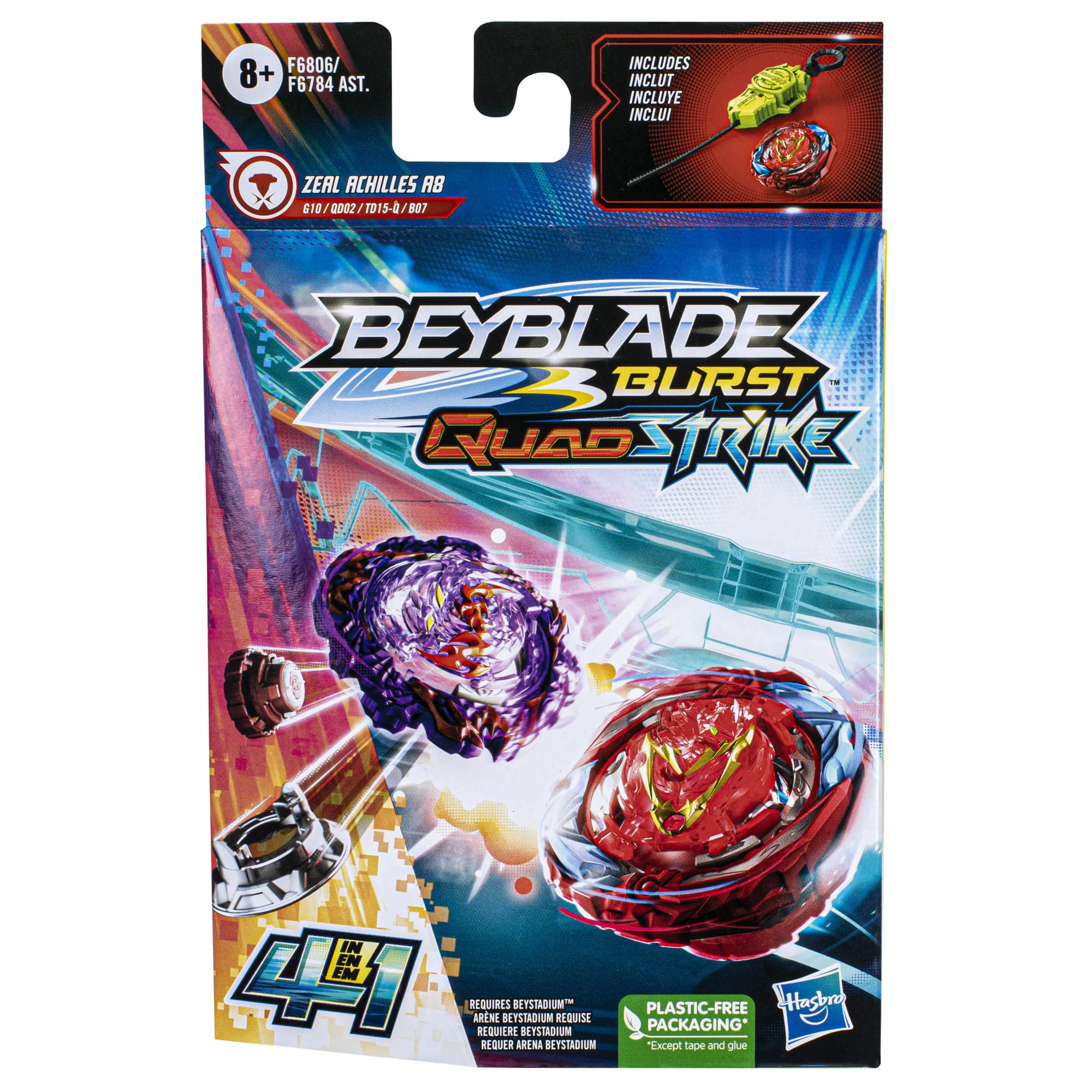 Beyblade Burst QuadStrike Zeal Achilles A8 Spinning Top Starter Pack, Balance/Defense Type Battling Game with Launcher, Kids Toy Set