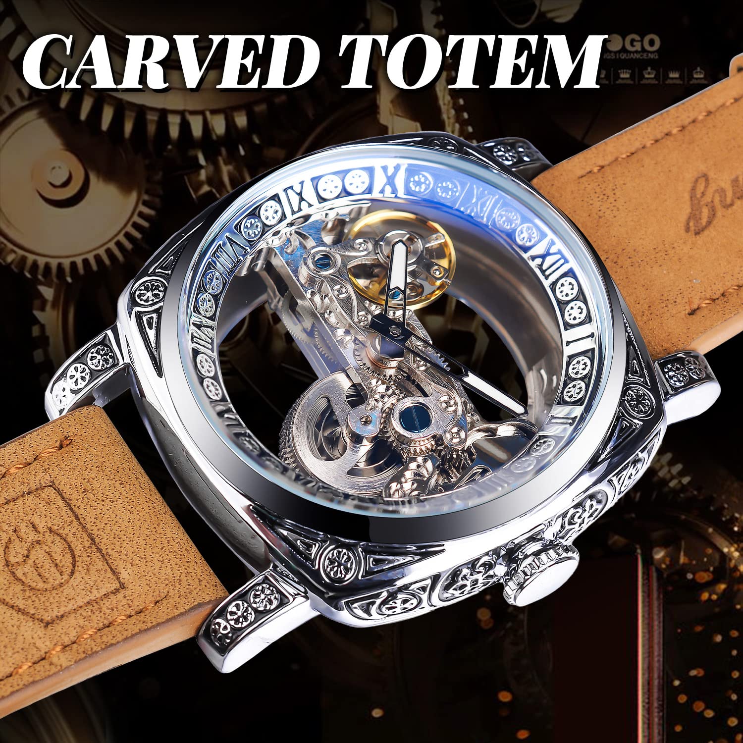 FORSINING Herren Luxus Square Carving Mechanische Uhr Retro Totem Doppelseitig Hohl Skelett Selbstaufzug Automatik Uhren Vintage Lederband Armbanduhr