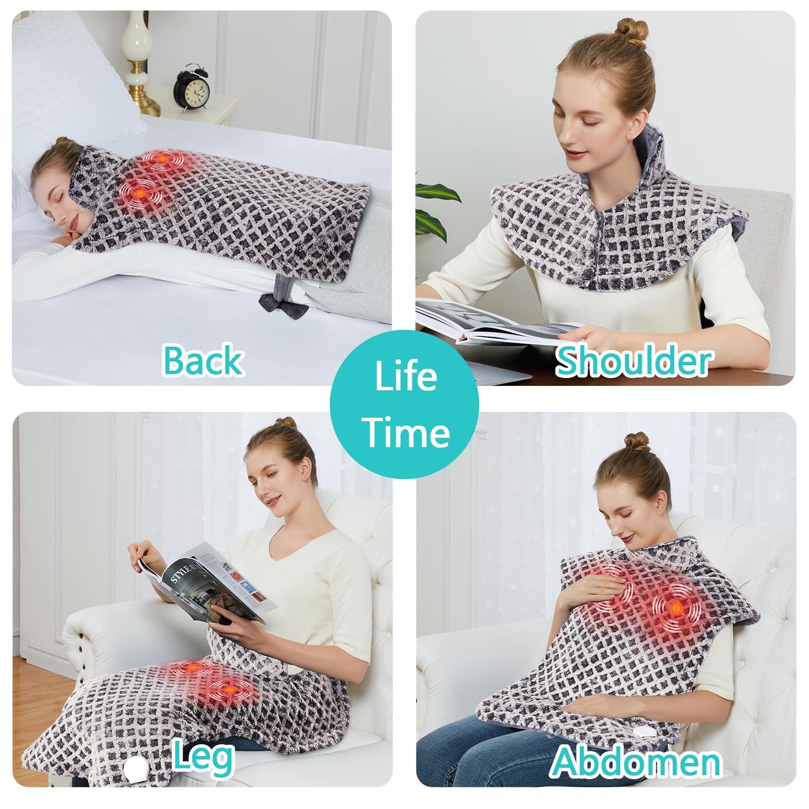 CAROMIO Massaging Heating Pad for Back Pain Relief, Neck and Shoulders Electric Heating Pads Large Size, Full Body Back Heat Pad with Auto Shut Off, 3 Heating Levels & 3 Massage Modes (Grey, 35