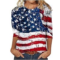 DASAYO Womens USA Star Stripes 3/4 Sleeve Shirts Tops 4th of July Freedom Patriotic Blouse Tee Casual Trendy Flag Tshirts