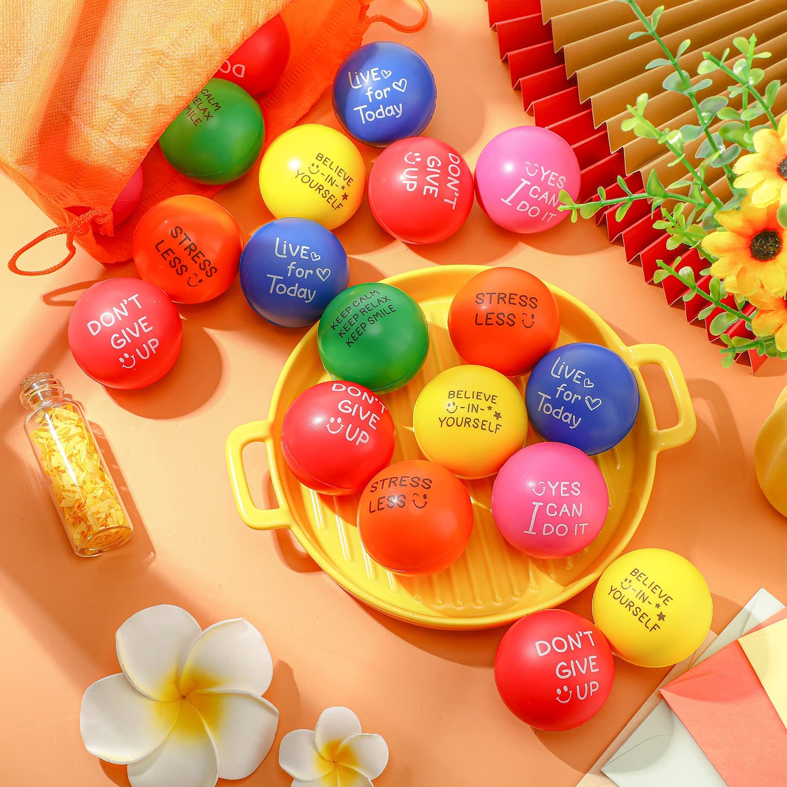 HyDren 48 Pieces Motivational Stress Balls 1.97 Inch Kids and Adults Stress Relief Ball Bulk Small Colorful Foam Balls Quetos to Relieve Anxiety and Manage Anger Hand Exercise Balls Multicolor