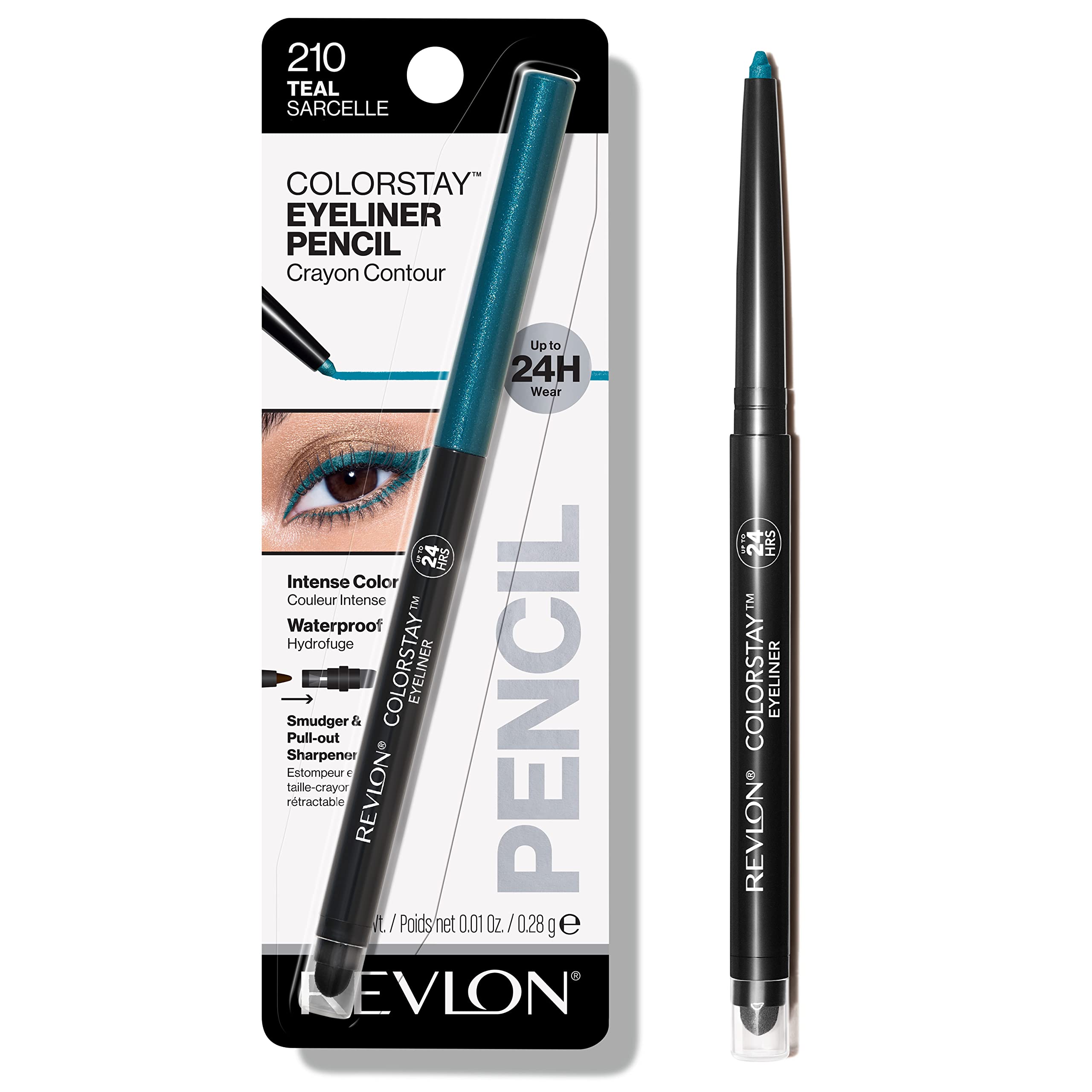 Pencil Eyeliner by Revlon, ColorStay Eye Makeup with Built-in Sharpener, Waterproof, Smudgeproof, Longwearing with Ultra-Fine Tip, 210 Teal, 0.01 Oz