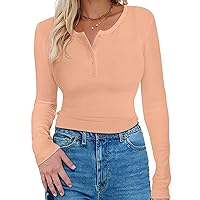 Long Sleeve Shirts for Women, Casual Solid Henley Tops Button Down Shirts, V Neck Blouses Basic Ribbed Knit Shirts for Party