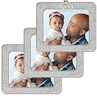2022 Christmas Photo Frame Ornament, Magnetic Glitter with Non-Glare Photo Protector, Horizontal - Silver, 3-Pack