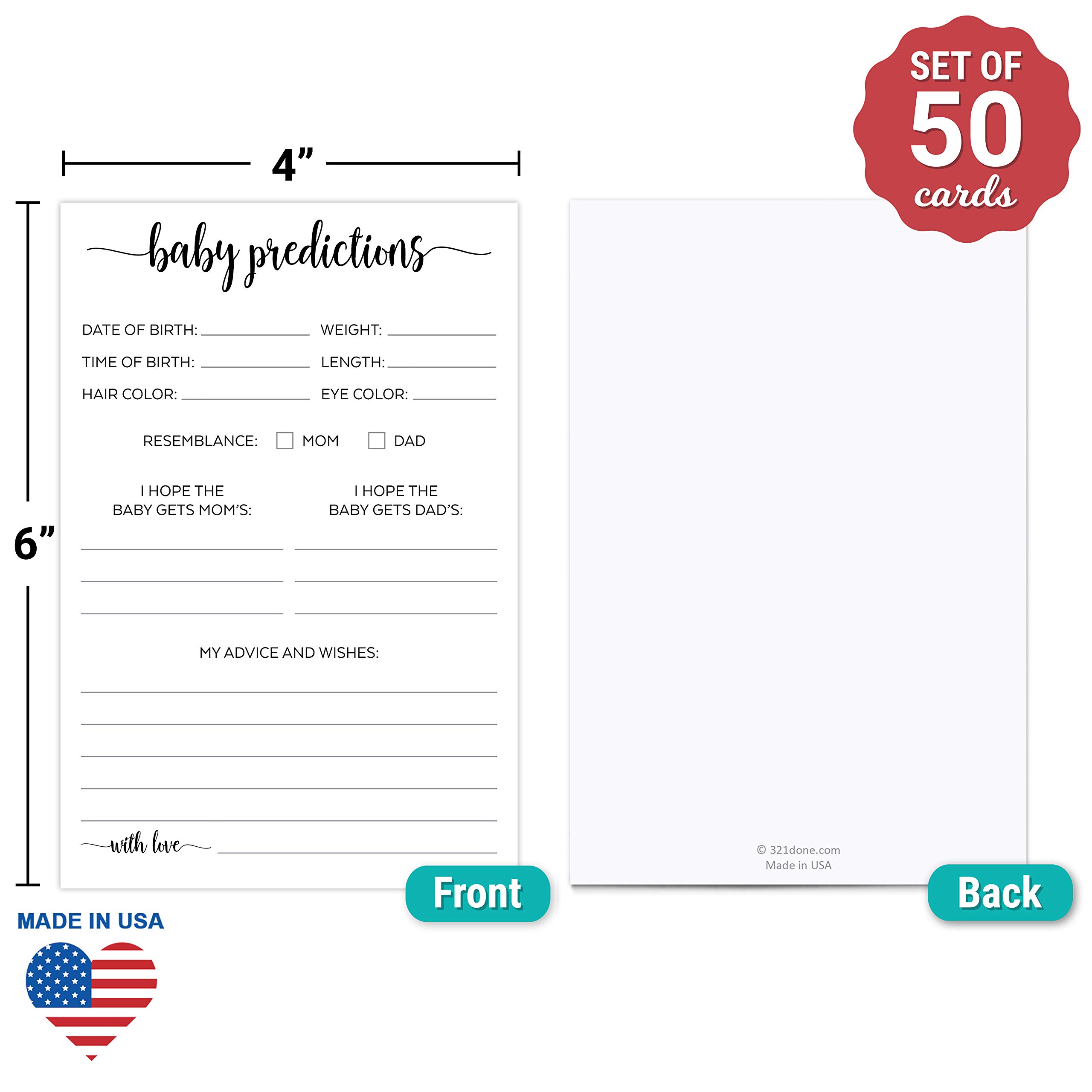 321Done Baby Predictions and Advice Cards for Baby Shower Games & Activity - Fun Baby Shower Favors, Gender Reveal Game Unique Baby Shower Card, White - 4x6 (50 Cards)
