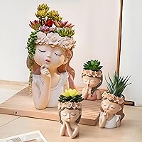 Cute Succulent Plant Pot with Drainage Hole large girl face planter pot big Resin lady head planter 11 inch tall flower vases for indoor and Outdoor plants fairy garden gift for female plants lover
