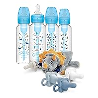 Dr. Brown’s Natural Flow® Anti-Colic Options+™ Narrow Baby Bottles 8 oz/250 mL, Blue Nature 4 Pack, with HappyPaci Pacifiers and Lovey Holder, Triceratops