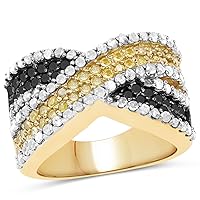 14K Yellow Gold Plated 1.58 Carat Genuine Black Diamond, White Diamond & Yellow Diamond .925 Sterling Silver Ring