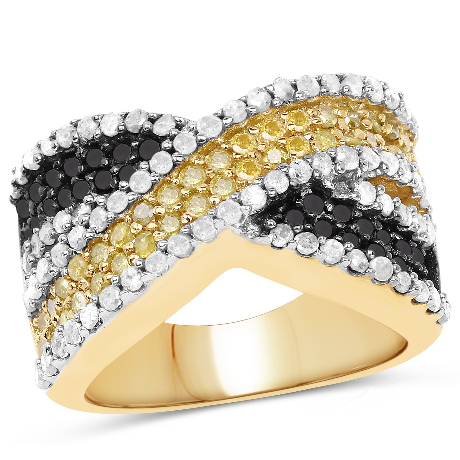 14K Yellow Gold Plated 1.58 Carat Genuine Black Diamond, White Diamond and Yellow Diamond .925 Sterling Silver Ring