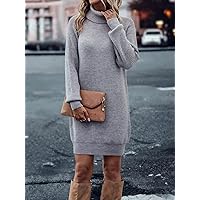 TLULY Sweater Dress for Women Turtleneck Raglan Sleeve Sweater Dress Without Belt Sweater Dress for Women (Color : Gray, Size : Small)